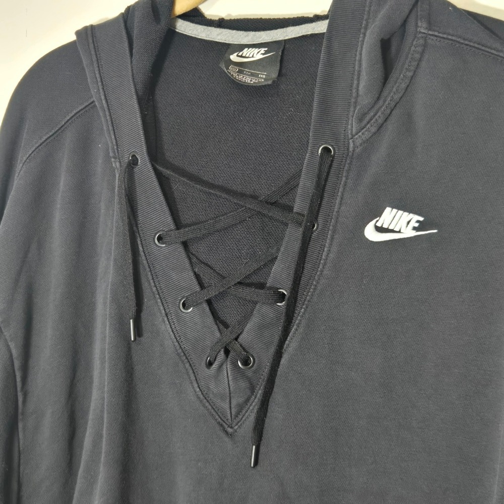 Nike Lace Up Hoodie Women XXL Black Oversized V-Neck Pullover Sweatshirt